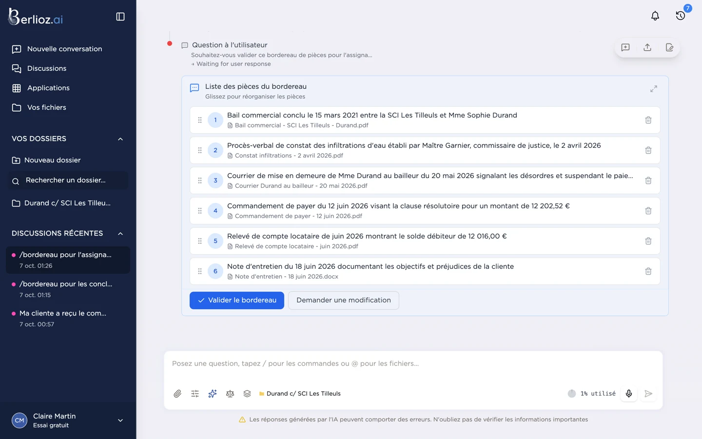Liste des pièces proposée pour validation