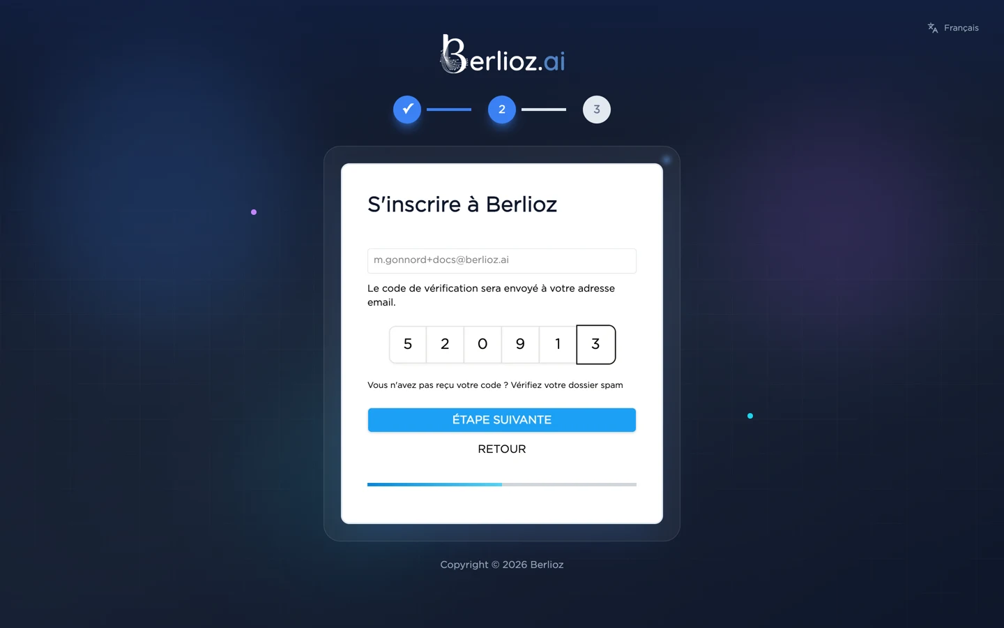 Saisie du code de vérification reçu par email