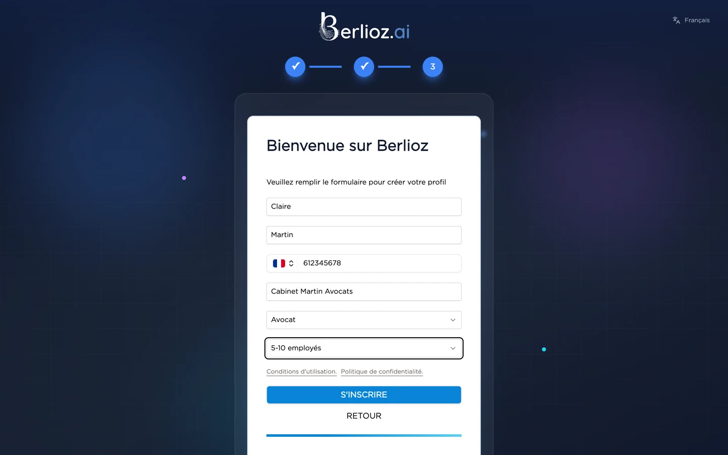 Troisième étape : informations de profil et profession
