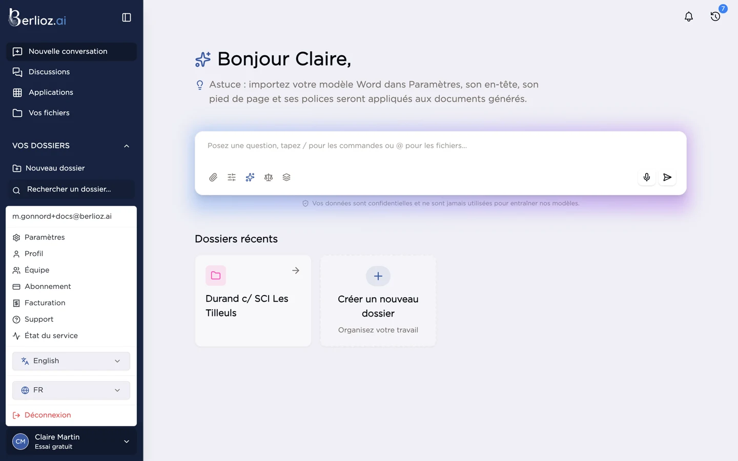 Menu du compte